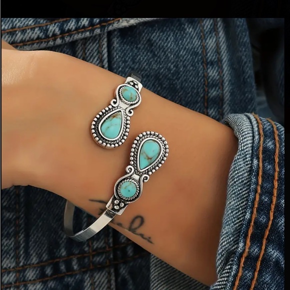 Boho Silver Wrap Cuff Bracelet with Turquoise Stone Accents - Picture 5 of 5
